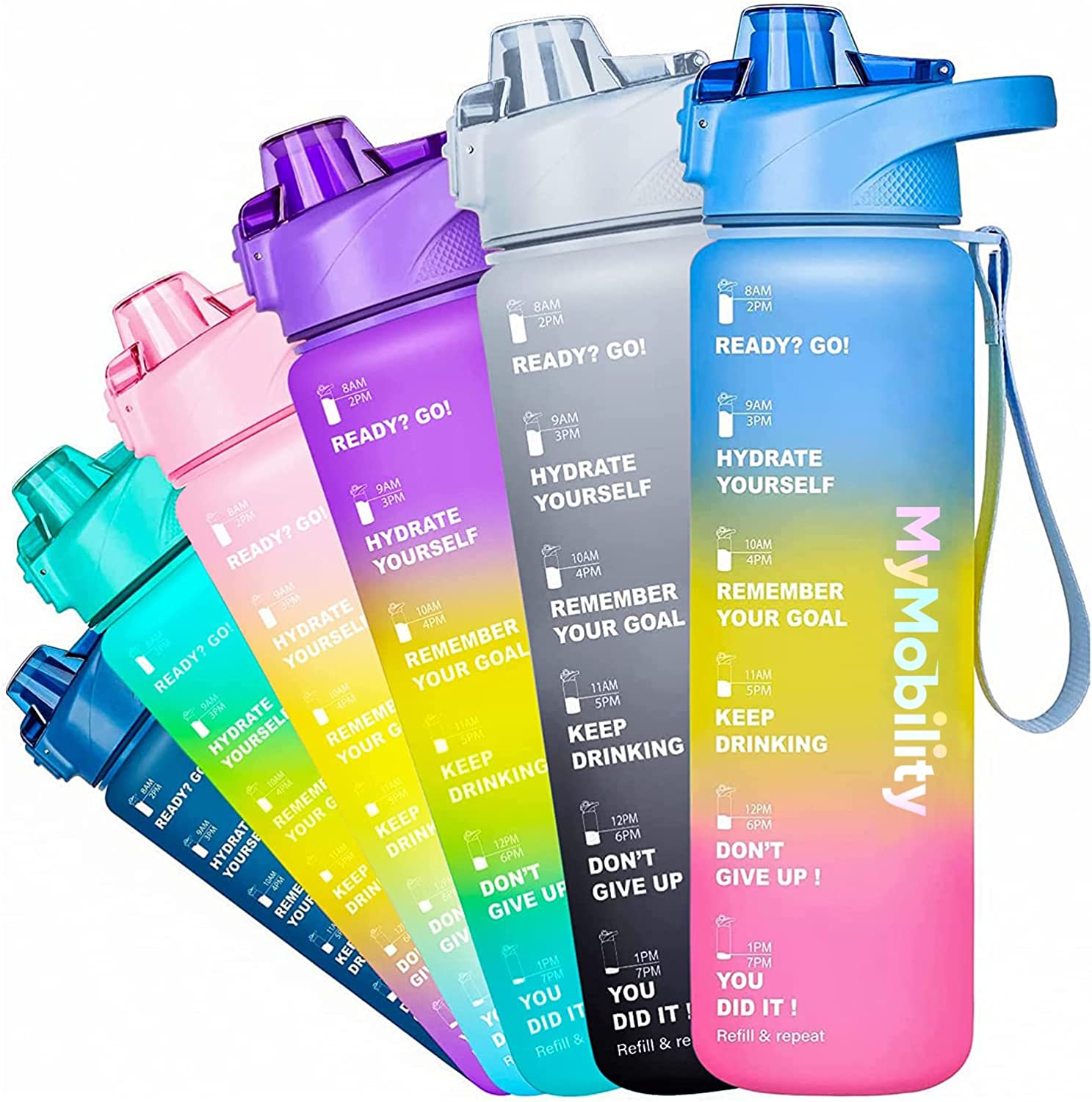 32oz Original Motivational cute Water Bottle 1L with Time Marker Leak proof Fast Flow Removable Strainer Multi-color